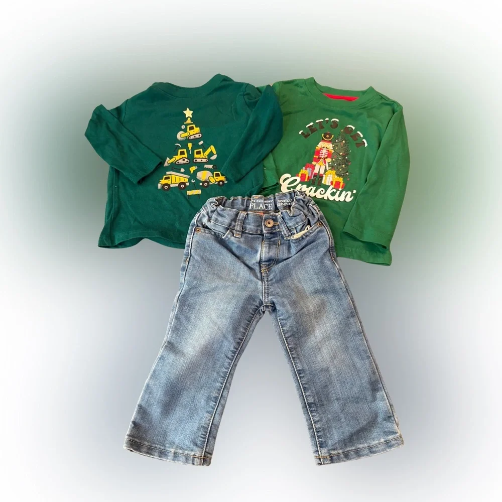 The Children's Place 2 Green Holiday Shirts and Blue‎ Jeans Kids Matching Set